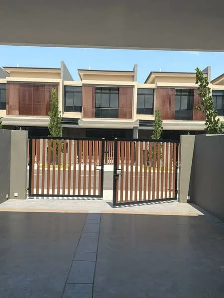 Exterior type: linked terrace house; features: modern facade with horizontal wooden slats, two-storey structure, large windows, manicured landscaping, concrete driveway, metal gate, grey painted walls, paved walkway, surrounded by greenery; style: modern.