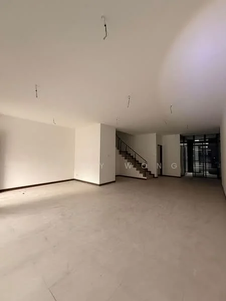 Room features: white painted walls, light-colored tile flooring, staircase with wooden steps, recessed ceiling lights, large windows for natural light, open layout, no visible furniture or decor; style: modern.
