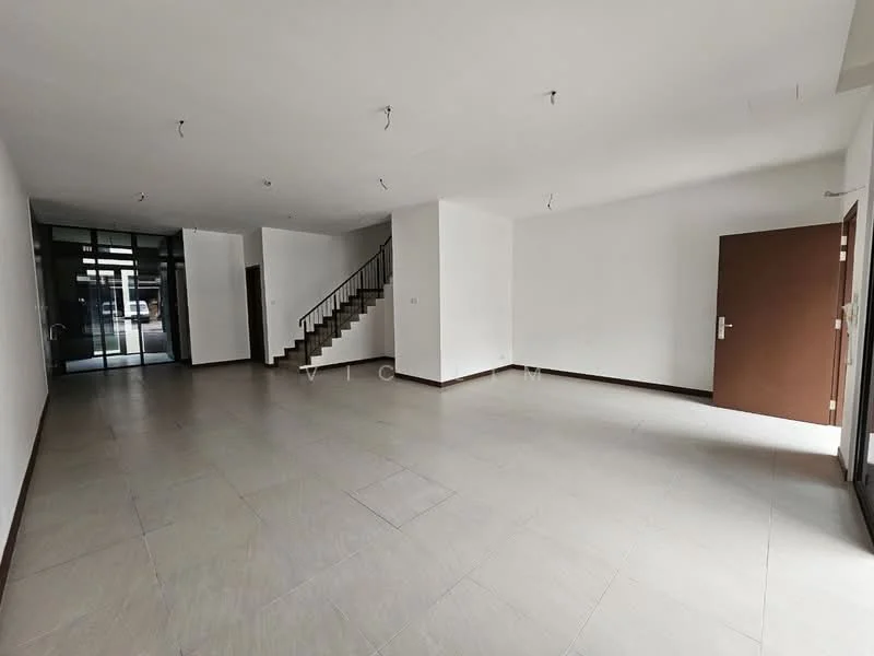 Room features: white painted walls, tile flooring, staircase with wooden handrail, large windows, double-door entry, recessed ceiling lights, open layout, neutral color scheme; style: modern.