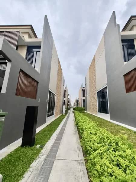 Exterior type: linked terrace house; features: grey painted facade, stone cladding, manicured lawn, paved walkway, two-storey buildings, modern architectural design, large windows, balconies with wooden slats; style: modern.