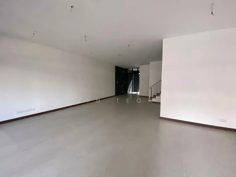 Room features: white painted walls, light grey tile flooring, no visible ceiling fixtures, large open space, staircase visible in background, large windows, neutral color palette, no visible furniture or decor; style: modern.