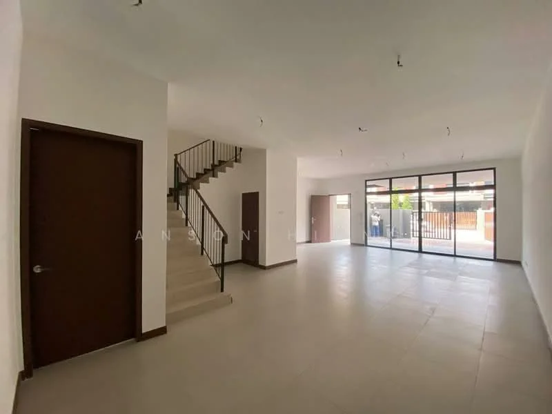 Living features: white painted walls, tile flooring, large glass sliding doors, staircase with metal railing, recessed ceiling lights, open layout, natural light from windows, neutral color scheme; style: modern; view: garden. Room features: white painted walls, tile flooring, door leading to unknown area.