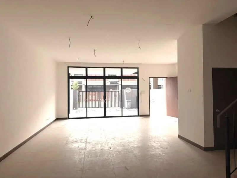 Living features: white painted walls, tile flooring, large floor-to-ceiling windows, sliding glass door, recessed lighting, open layout, access to outdoor space, neutral color scheme; style: modern; view: garden.