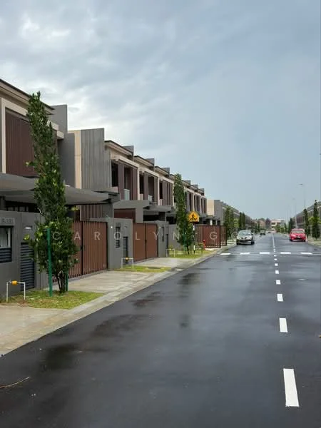 Exterior type: linked terrace house; features: modern facade with horizontal wooden slats, concrete walls, manicured lawn, paved walkway, street view with parked cars, multiple storeys, trees lining the street, driveway access, clear sky, urban setting; style: modern.