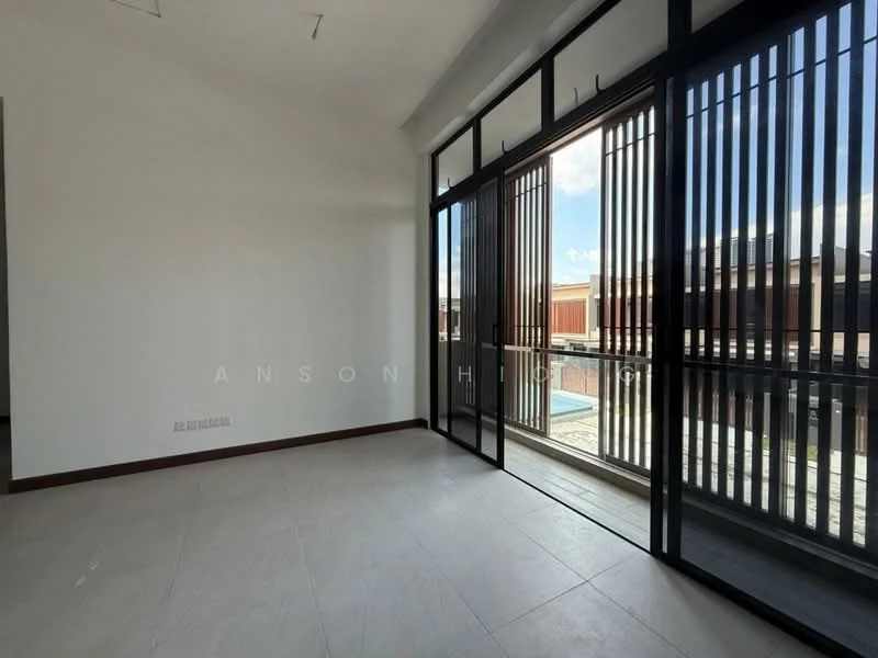 Room features: large floor-to-ceiling windows, sliding glass door, white painted walls, light-colored tile flooring, high ceiling, black metal window frames, natural light from outside, view of outdoor space; style: modern; view: garden.