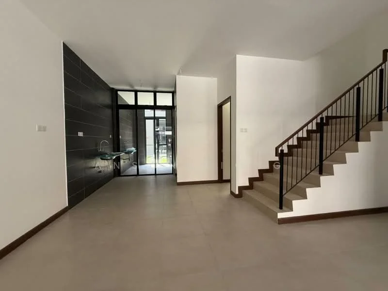 Living features: white painted walls, grey tiled flooring, staircase with wooden handrail, large glass sliding door, natural light from large windows, open layout, corner space for furniture arrangement; style: modern; view: garden. Room features: black tiled accent wall, kitchen sink visible, floor-to-ceiling windows.