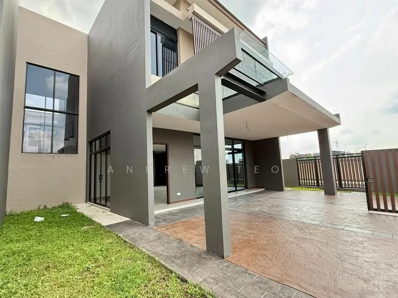 Exterior type: detached bungalow; features: grey painted facade, large glass windows, balcony with glass railing, concrete flooring, manicured lawn, stone-paved walkway, single-storey, modern architectural design; style: modern.