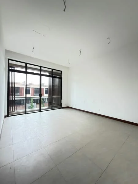 Room features: white painted walls, tile flooring, floor-to-ceiling windows, sliding glass door, natural light from windows, no visible furniture, minimalist design, neutral color palette; style: modern.