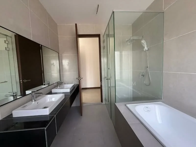 Bathroom features: double-sink vanity with white cabinet, chrome basin mixer faucets, framed mirror above sinks, walk-in shower with glass enclosure, handheld shower, freestanding bathtub, tile cladding on walls, grey tile flooring, recessed downlights, glass shower door, white bathtub, wall-mounted showerhead; style: modern.