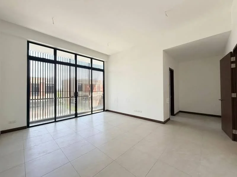 Living features: large floor-to-ceiling windows, sliding glass door, white painted walls, light-colored tile flooring, recessed ceiling lights, black window frames, open layout, neutral color scheme; style: modern; view: garden.