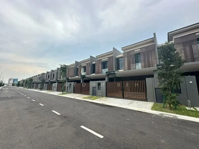 Exterior type: linked terrace house; features: modern facade with wooden slats, grey painted walls, flat roof, driveway with interlocking pavers, manicured landscaping, front porches, multiple storeys, street view with no visible vehicles, surrounded by greenery; style: modern.