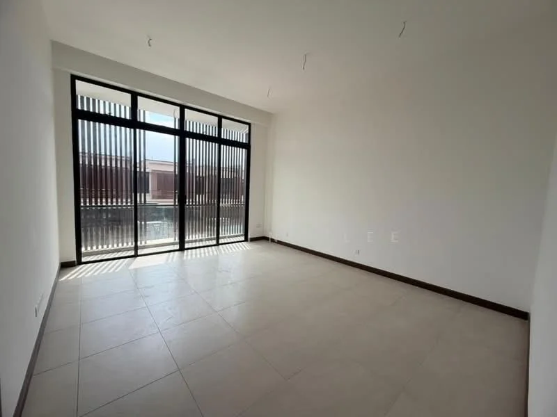 Living features: large floor-to-ceiling windows, sliding glass door, white painted walls, tile flooring, natural light from windows, horizontal blinds, neutral color palette, minimalist design; style: modern.