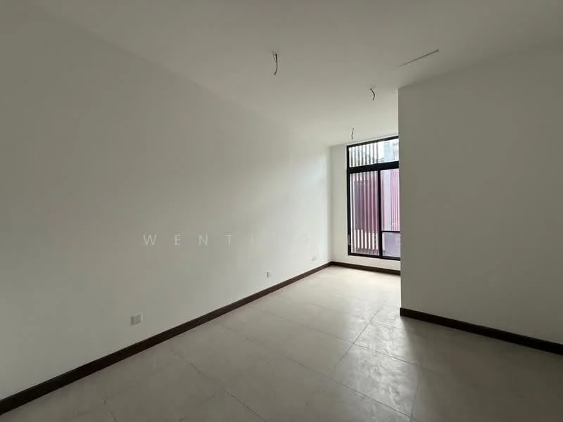 Room features: white painted walls, tile flooring, large window with vertical bars, natural light from window, no visible furniture, minimalist design, ceiling with exposed wiring, corner location; style: minimalist.