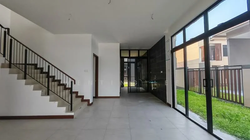 Room features: white painted walls, grey tiled flooring, staircase with wooden handrail, large floor-to-ceiling windows, glass door leading to outdoor area, open layout, high ceiling, natural light from windows; style: modern; view: garden.