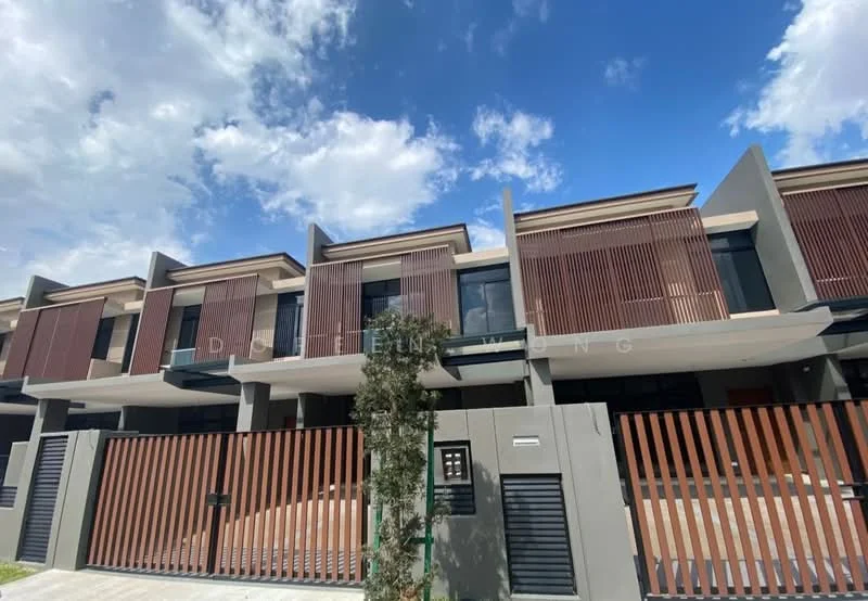 Exterior type: linked terrace house; features: modern facade with horizontal slats, grey painted exterior, large windows, two-storey structure, manicured landscaping, driveway with interlocking pavers, front gate with vertical slats, balconies on upper level, porch area at entrance; style: modern.
