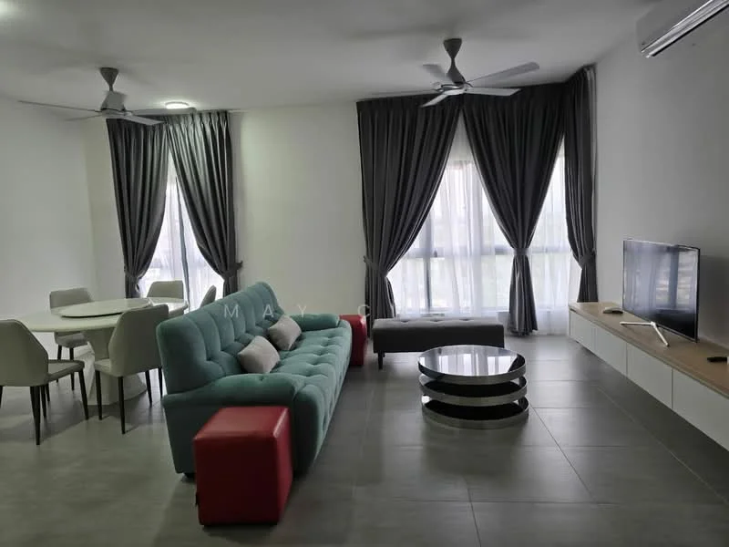 Living features: 3-seater fabric sofa in teal, red accent chair, round coffee table with black and white stripes, wall-mounted TV, TV console with wooden finish, 2 ceiling fans, floor-to-ceiling windows, sheer curtains, dark grey curtains, grey tiled flooring, decorative cushions on sofa, dining table with 4 chairs; style: modern.