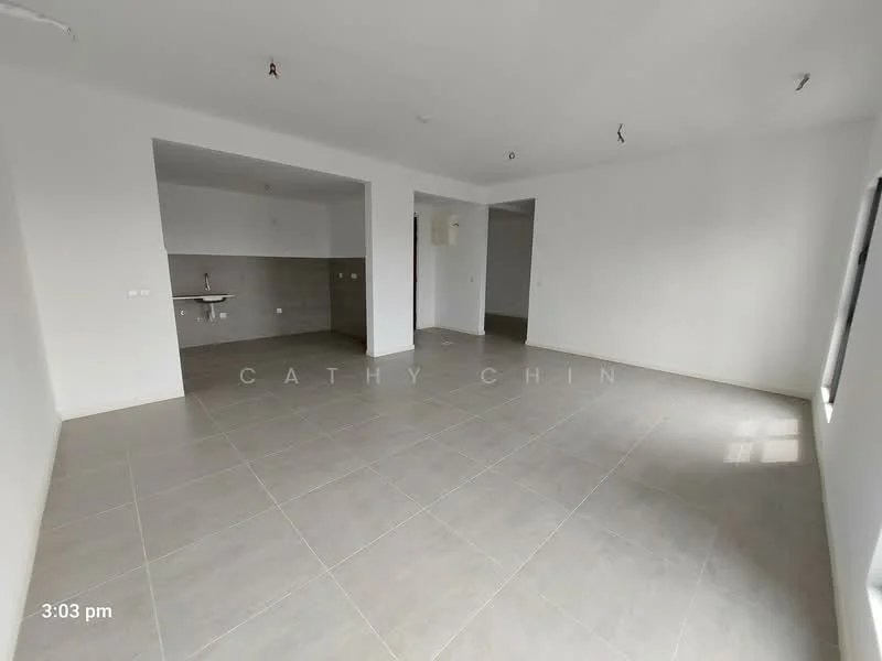 Room features: white painted walls, grey floor tiles, recessed ceiling lights, open layout, kitchen area with sink, air conditioning unit, large windows, no visible furniture; style: modern.
