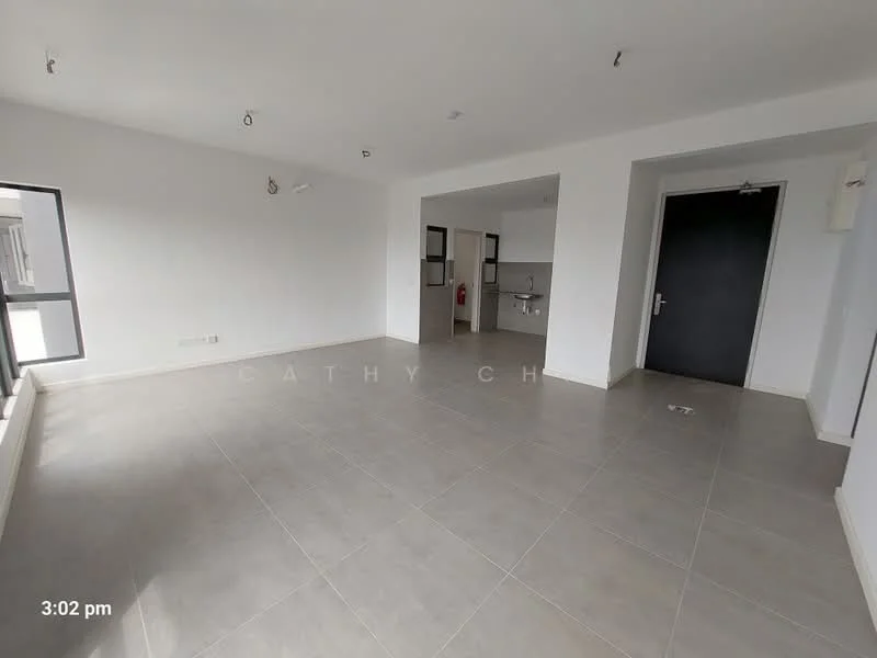 Room features: white painted walls, grey tiled flooring, recessed downlights, large windows, open layout, doorway leading to another room, no visible furniture, neutral color palette; style: modern.