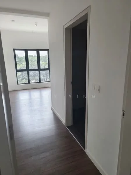 Room features: white painted walls, wooden flooring, floor-to-ceiling windows, doorway leading to another room, natural light from windows; style: modern; view: garden.