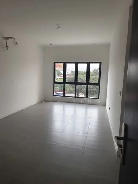 Room features: white painted walls, grey tile flooring, large black-framed windows, recessed ceiling lights, no visible furniture, neutral color scheme; style: modern; view: garden.