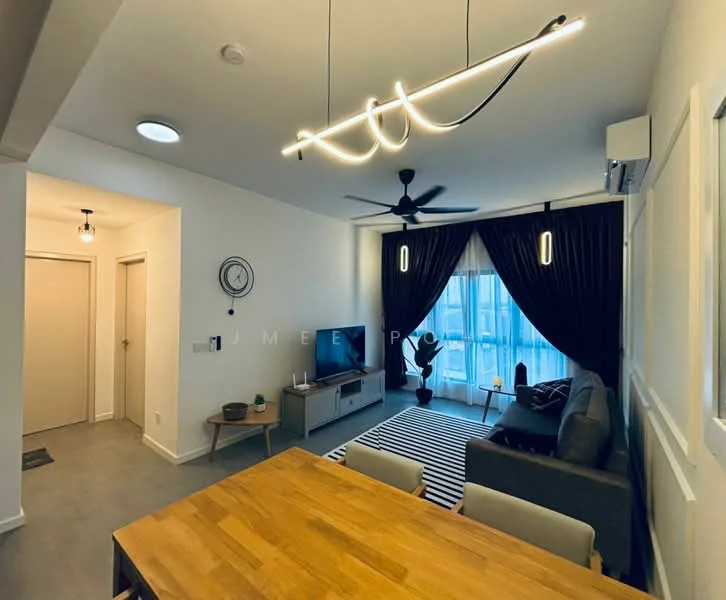 Living features: 3-seater fabric sofa in grey, coffee table, TV console, wall-mounted TV, area rug with geometric pattern, floor-to-ceiling windows, blackout curtains, 5-blade ceiling fan with light, recessed downlights, decorative plant in ceramic pot, striped area rug, light wood flooring; style: modern; view: city. Dining features: wood dining table, 4 dining chairs, pendant light fixture, open shelving, wall clock; style: modern. Hallway features: 2-panel doors, light grey walls, ceiling light, wall-mounted clock.