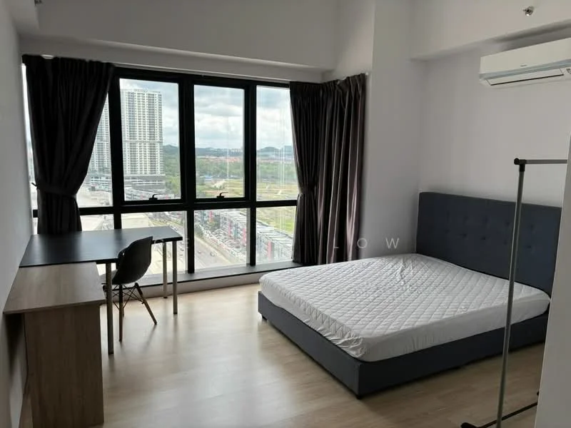 Bedroom features: queen-size bed with grey upholstered headboard, floor-to-ceiling windows, blackout curtains, wooden flooring, study desk, chair, wall-mounted air conditioning unit, city view; style: modern; view: city.