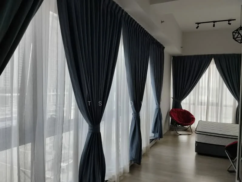Room features: floor-to-ceiling windows, sheer curtains, dark blue drapes, wooden flooring, recessed downlights, red accent chair, queen-size bed frame without mattress, neutral wall color; style: modern; view: city.