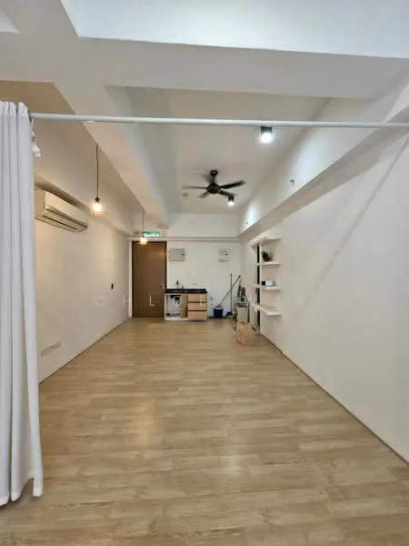 Room features: light wood laminate flooring, white painted walls, exposed ceiling with beams, 5-blade ceiling fan, wall-mounted split AC, shelving unit, curtain for privacy, recessed lighting, open layout; style: modern.
