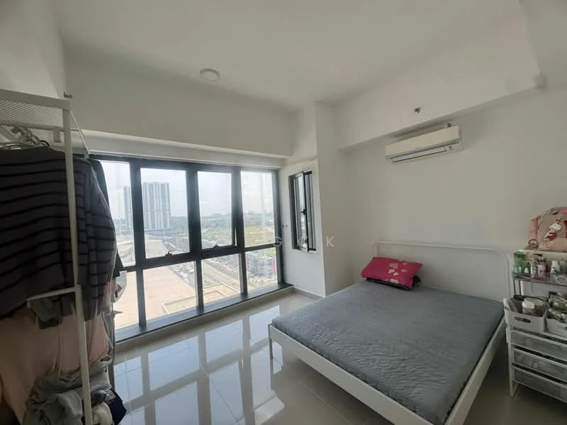 Bedroom features: queen-size bed, grey bedding, floor-to-ceiling windows, city view, white painted walls, glossy tile flooring, 1 wall-mounted split AC, built-in wardrobe, sheer curtains, bedside table, decorative items on shelves; style: modern; view: city.