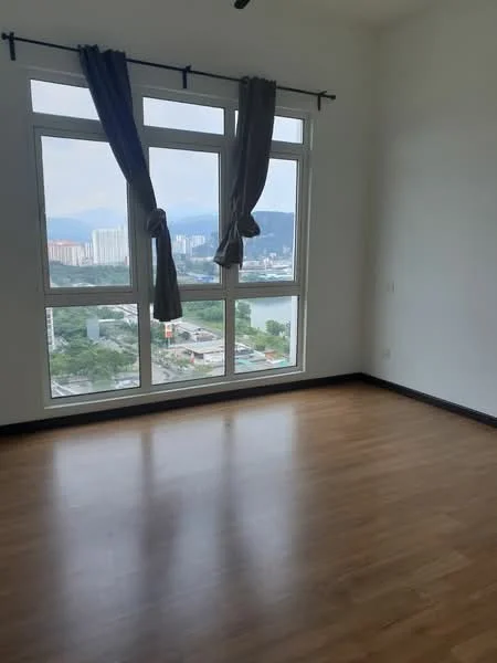 Room features: large floor-to-ceiling windows, grey curtains, wood laminate flooring, white painted walls, city view, natural light, corner room; style: modern; view: city.