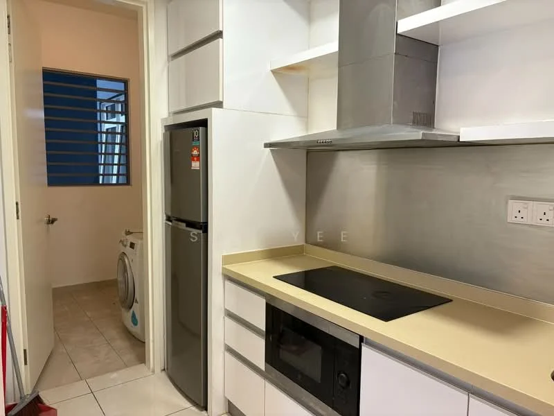 Kitchen features: white cabinetry, stainless-steel fridge, built-in oven, ceramic cooktop, microwave, grey countertop, stainless-steel range hood, tile flooring, wall-mounted cabinets, open shelving, window with horizontal bars, washing machine in adjacent room; style: modern.