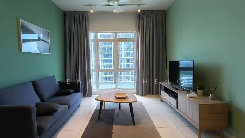 Living features: green painted walls, white ceiling, 5-blade ceiling fan with light, 3-seater fabric sofa in grey, coffee table, TV console, wall-mounted TV, area rug, floor-to-ceiling windows, curtains, decorative plant; style: modern; view: city.