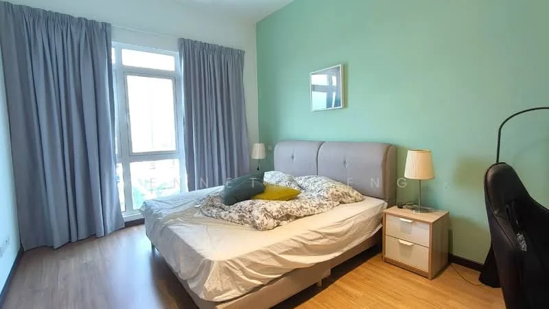 Bedroom features: queen-size bed, upholstered headboard, bedding with decorative pillows, nightstand with drawer, table lamp, floor-to-ceiling window, sheer curtains, light green painted walls, laminate flooring; style: modern.