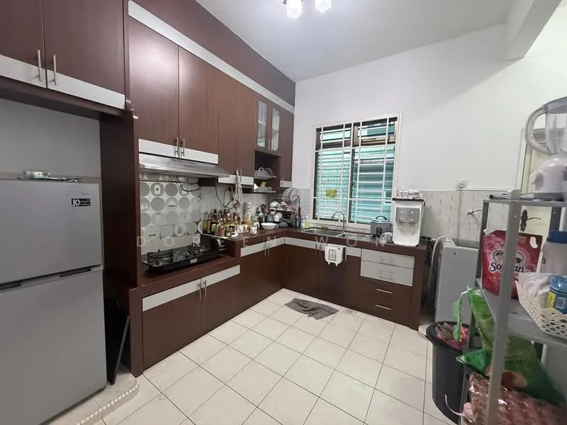 Kitchen features: brown wooden cabinetry, white countertop, stainless-steel sink, chrome pull-down faucet, built-in gas stove, exhaust hood, microwave, refrigerator, tile backsplash with circular pattern, cream tiled flooring, window with white frame, kitchen utensils and condiments on countertop, open shelving, wall-mounted cabinets; style: modern.