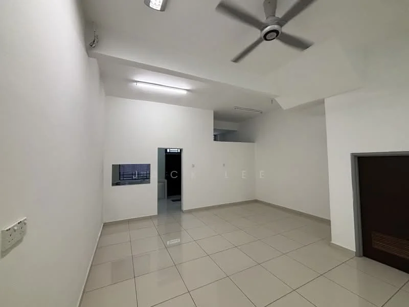 Room features: white painted walls, glossy ceramic tile flooring, ceiling fan, recessed ceiling lights, window with no visible treatment, doorway leading to another room, open layout, neutral color scheme; style: modern.