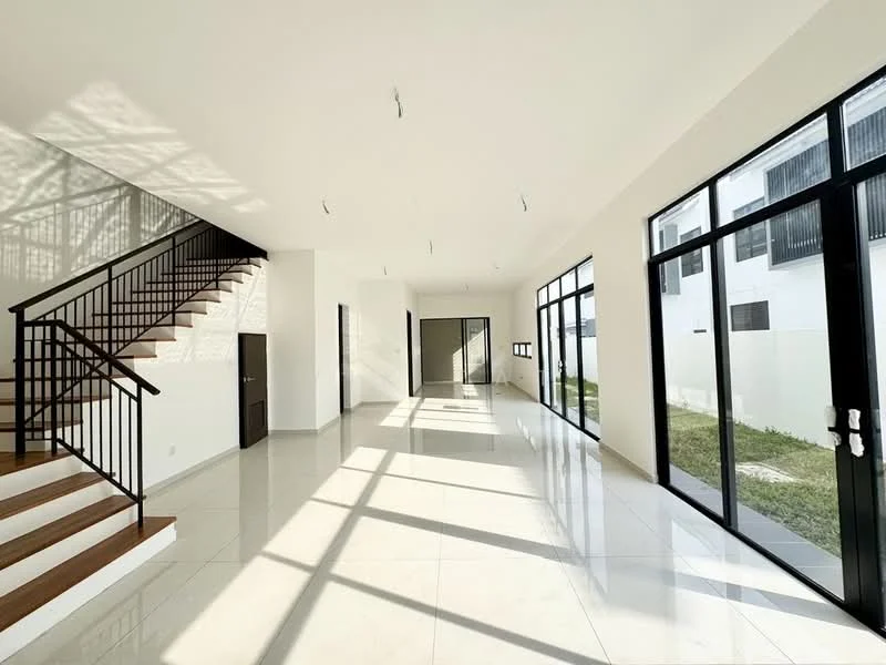 Room features: white painted walls, polished ceramic tile flooring, large floor-to-ceiling windows, black metal railing on staircase, wooden staircase, recessed downlights, open layout, natural light flooding in, view of outdoor space; style: modern; view: garden.