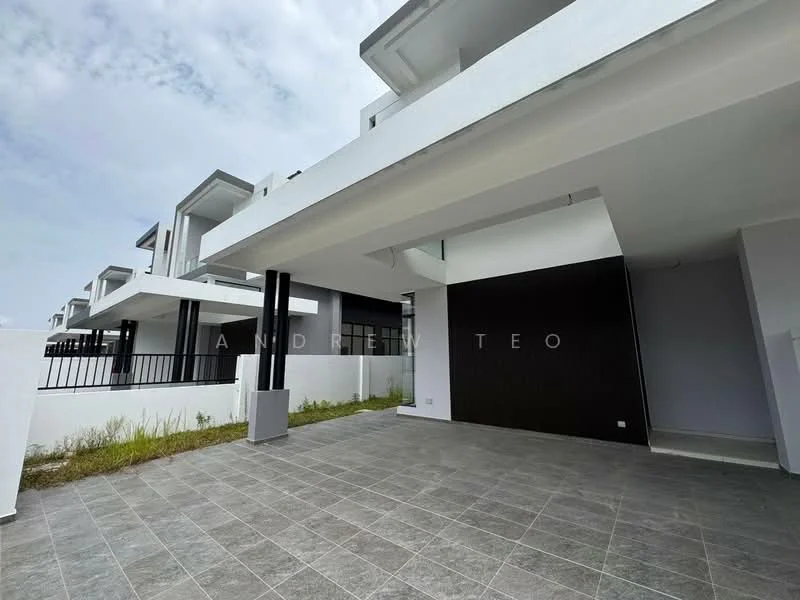 Exterior type: semi-detached house; features: grey tiled flooring, white painted walls, black accent wall, overhang roof, manicured lawn, surrounded by other residential units, open outdoor space, fenced perimeter; style: modern.