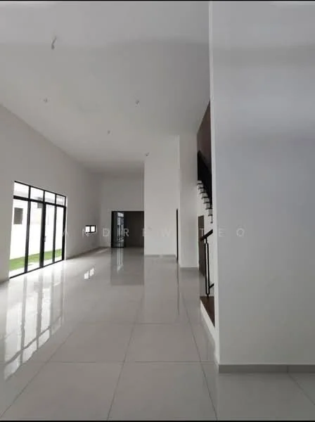 Room features: white painted walls, polished ceramic tile flooring, high ceiling, large floor-to-ceiling windows, staircase with wooden railing, open layout, natural light, minimalist decor; style: modern; view: garden.