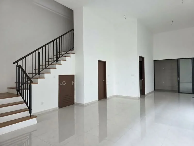 Living features: white painted walls, polished tile flooring, staircase with wooden steps and metal railing, glass sliding door, door with brown finish, built-in storage space under stairs, high ceiling, natural light from large windows; style: modern.
