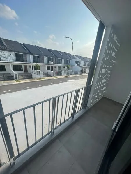 Room features: balcony, metal railing, grey tiled flooring, sunlight streaming in, view of street, residential houses across the street, concrete wall with decorative cutouts; style: modern; view: street.