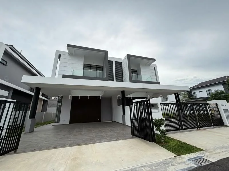 Exterior type: detached bungalow; features: white painted facade, grey accent panels, flat roof, double-volume main entrance, glass balcony railings, manicured lawn, paved driveway, gated entry with metal gates, surrounded by greenery, modern architectural design; style: modern.
