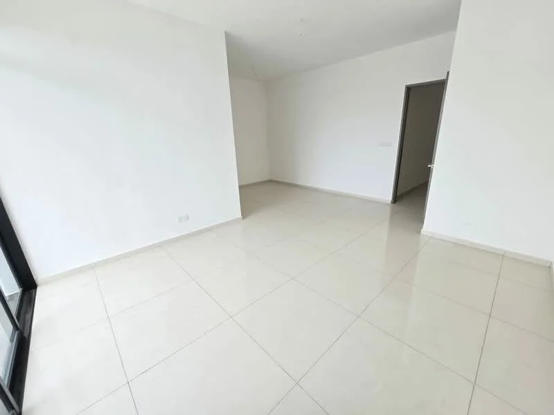 Room features: white painted walls, glossy ceramic tile flooring, large windows, neutral color scheme, open layout, no visible furniture, high ceiling, doorway leading to another room; style: modern.