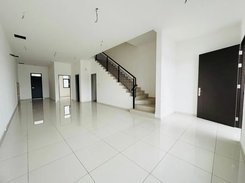 Room features: white painted walls, glossy ceramic tile flooring, staircase with metal railing, recessed downlights, multiple doorways, large windows, open layout, neutral color palette; style: modern.