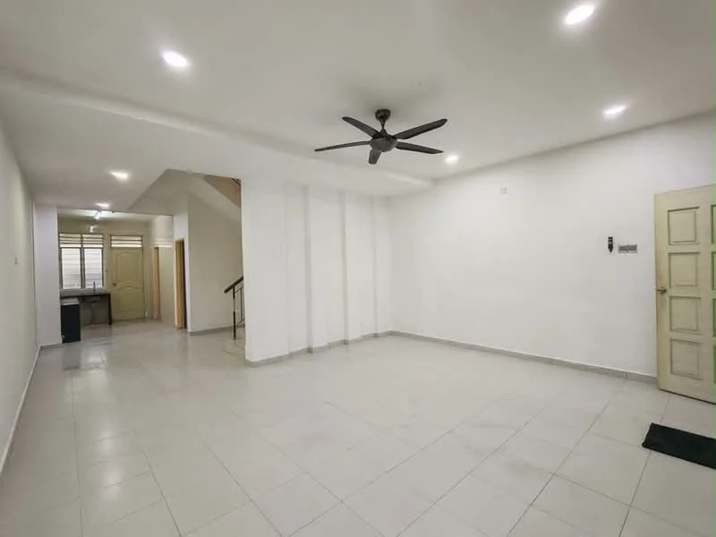 Living features: white painted walls, tile flooring, 5-blade ceiling fan with light, recessed downlights, door with panel design, large windows for natural light, open layout, neutral color scheme; style: modern. Room features: white painted walls, tile flooring, doorway leading to another room, staircase visible in background.