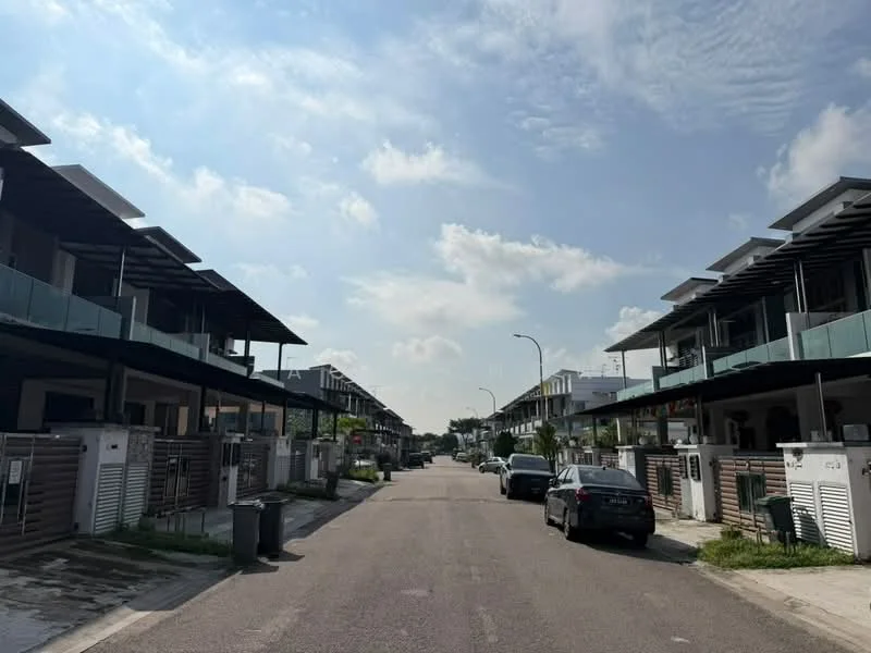 Exterior type: linked terrace house; features: two-storey linked terrace houses, glass balcony railings, flat roof, driveway with interlocking pavers, manicured lawns, street view with parked cars, sidewalks, street lighting, surrounded by greenery; style: modern.