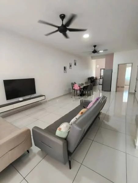 Living features: light grey fabric sofa, 3-seater sofa, flat-screen TV on wall-mounted console, white wall, recessed downlights, 5-blade ceiling fan, white tiled flooring, dining table with chairs, kitchen visible in background, open layout, decorative wall art; style: modern.