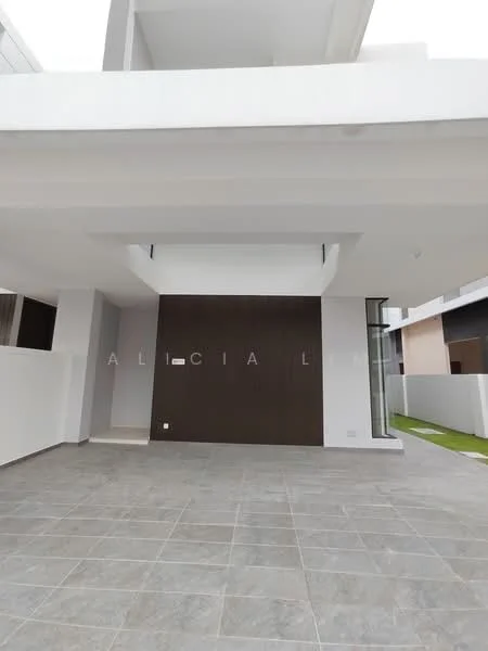 Exterior type: detached bungalow; features: white painted facade, brown wooden accent wall, flat roof, grey stone flooring, large glass windows, manicured lawn, minimalist design, open space layout; style: modern.