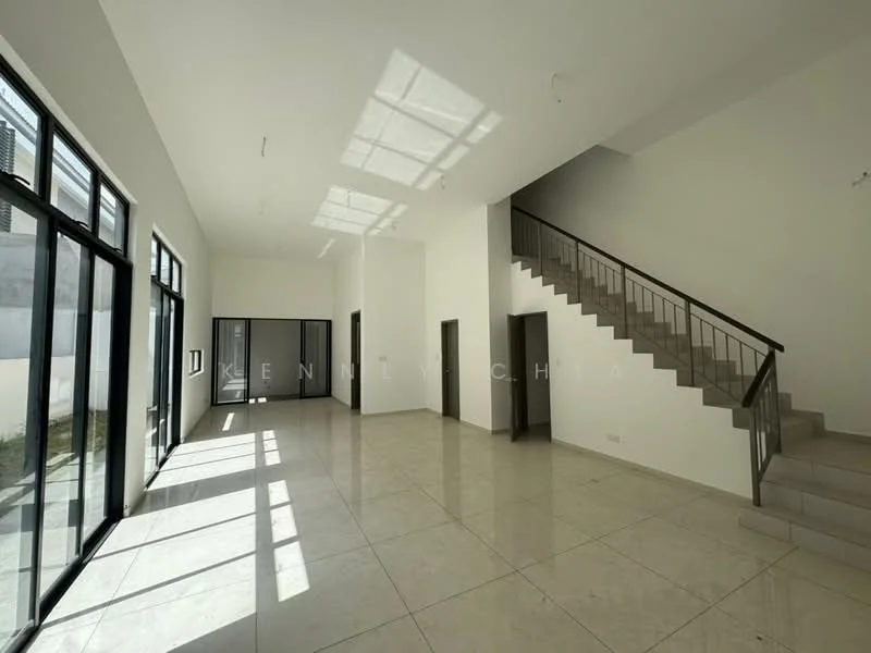 Room features: large floor-to-ceiling windows, white painted walls, polished marble flooring, staircase with metal railing, high ceiling, natural light from skylights, open layout, concrete wall section, sliding glass door, access to outdoor area; style: modern; view: garden.