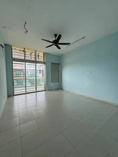 Living features: light blue painted walls, white tiled flooring, 5-blade ceiling fan, floor-to-ceiling windows, sliding glass door, roller blinds, natural light from windows, open layout; style: modern.