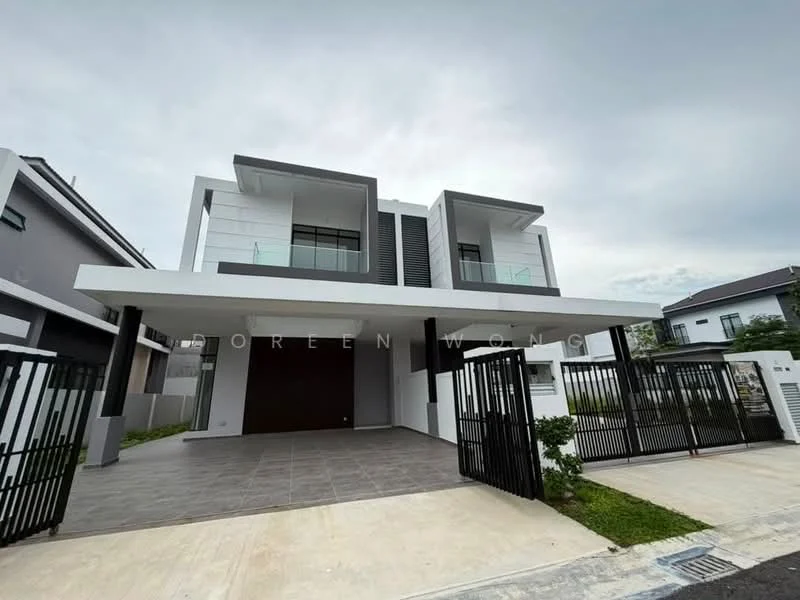Exterior type: detached bungalow; features: white painted facade, grey accent walls, flat roof, double-volume main entrance, glass balcony railings, manicured lawn, paved driveway, gated entry, two-storey structure, large windows, modern architectural design; style: modern.